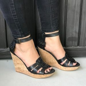 Dolce vitta Antropologie nib Black Leather Ankle Wrap Cork Wedge Sandal